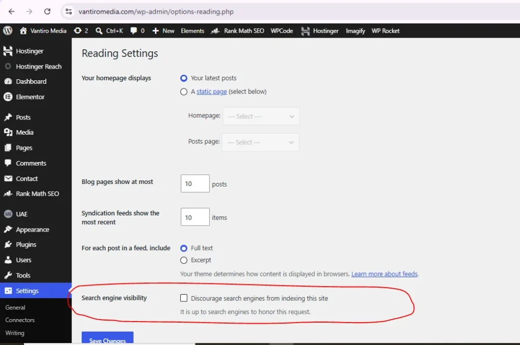WordPress Reading Settings showing “Discourage search engines” option