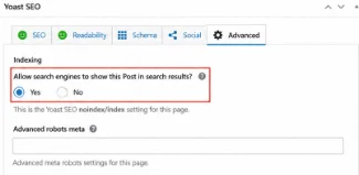 Yoast SEO Advanced tab showing index/noindex option
