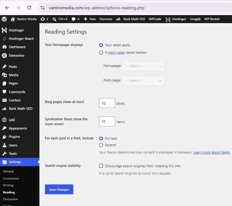 WordPress search engine visibility setting in Reading section showing Discourage search engines from indexing this site option