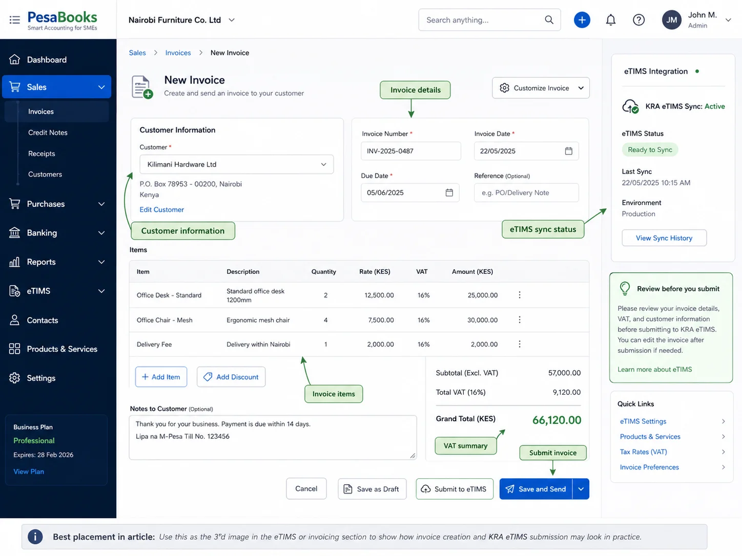 eTIMS invoice submission example for accounting software in Kenya
