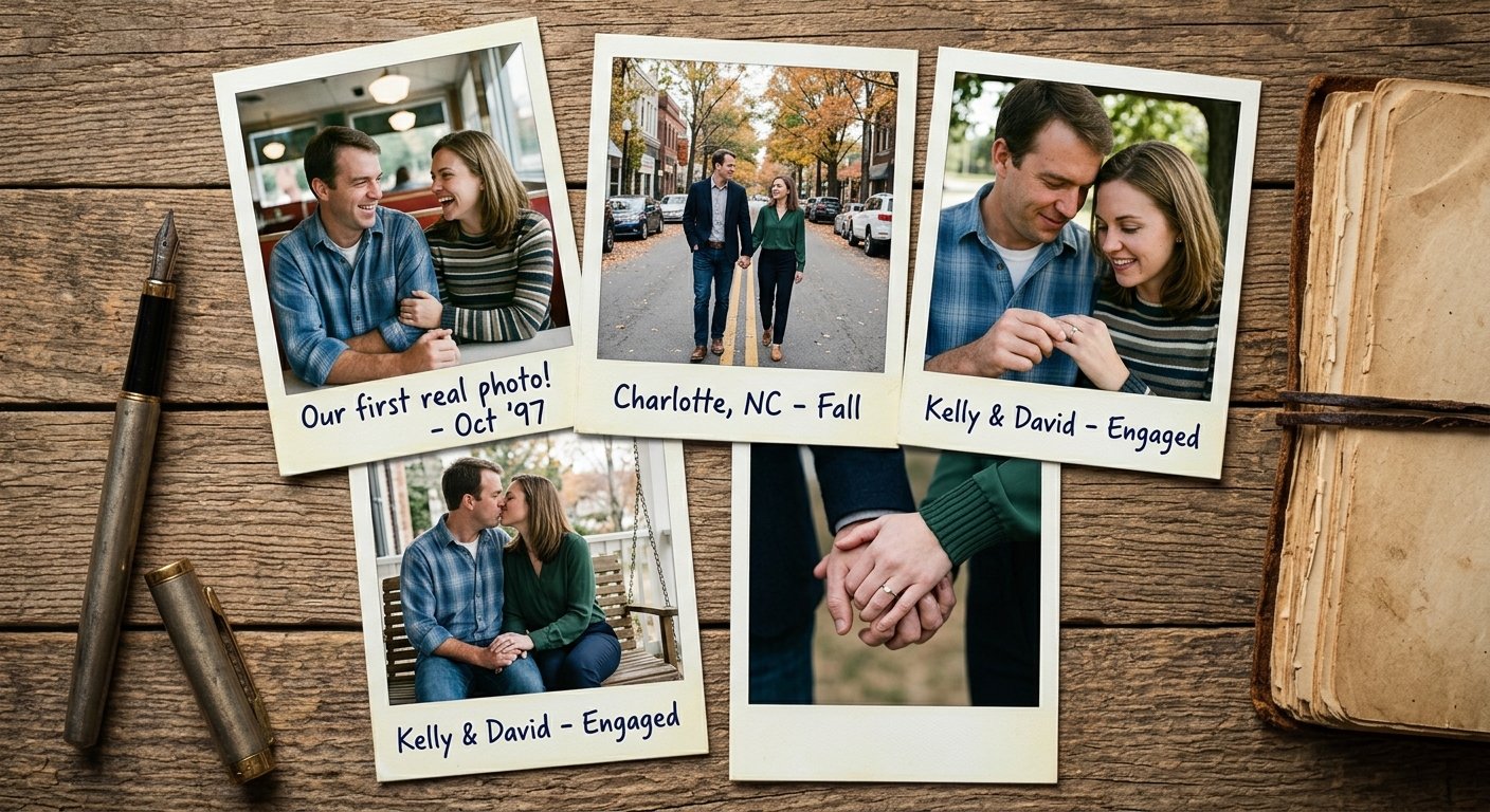 A collage of five vintage-style instant film photos of David Ghantt and Kelly Campbell on a wooden table.