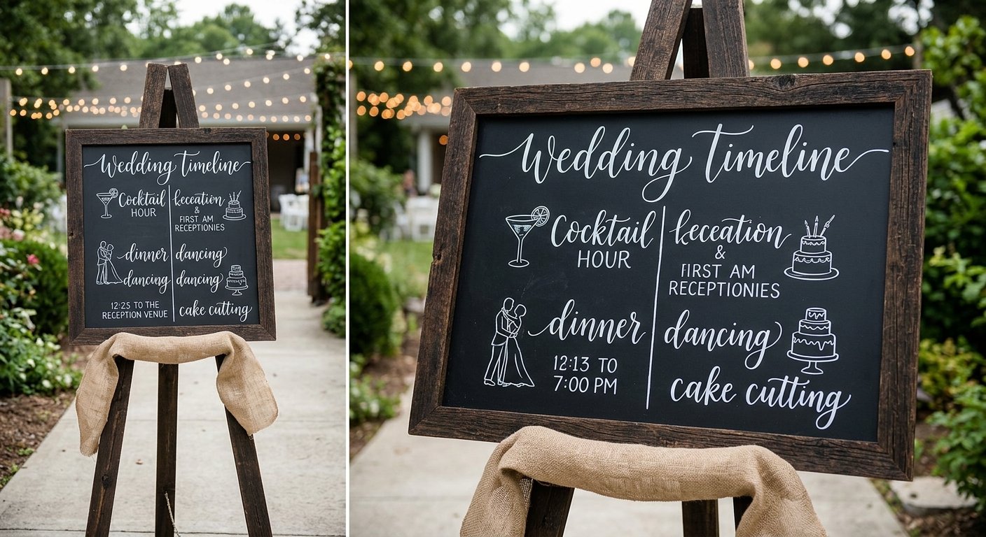Large chalkboard sign on dark wood easel showing a detailed wedding reception timeline with chalk lettering.