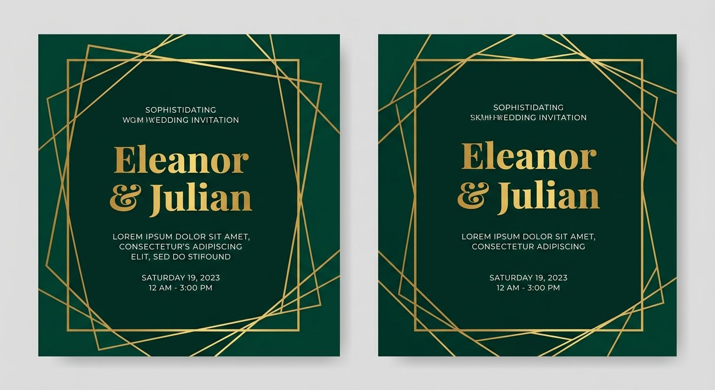 A modern geometric printable wedding card layout featuring an emerald green background and interlocking gold frames.
