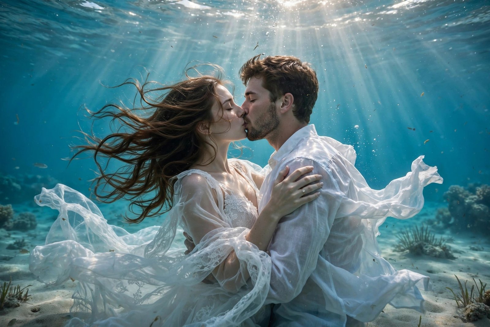 A creative artistic underwater photograph of an engaged couple kissing in clear ocean.