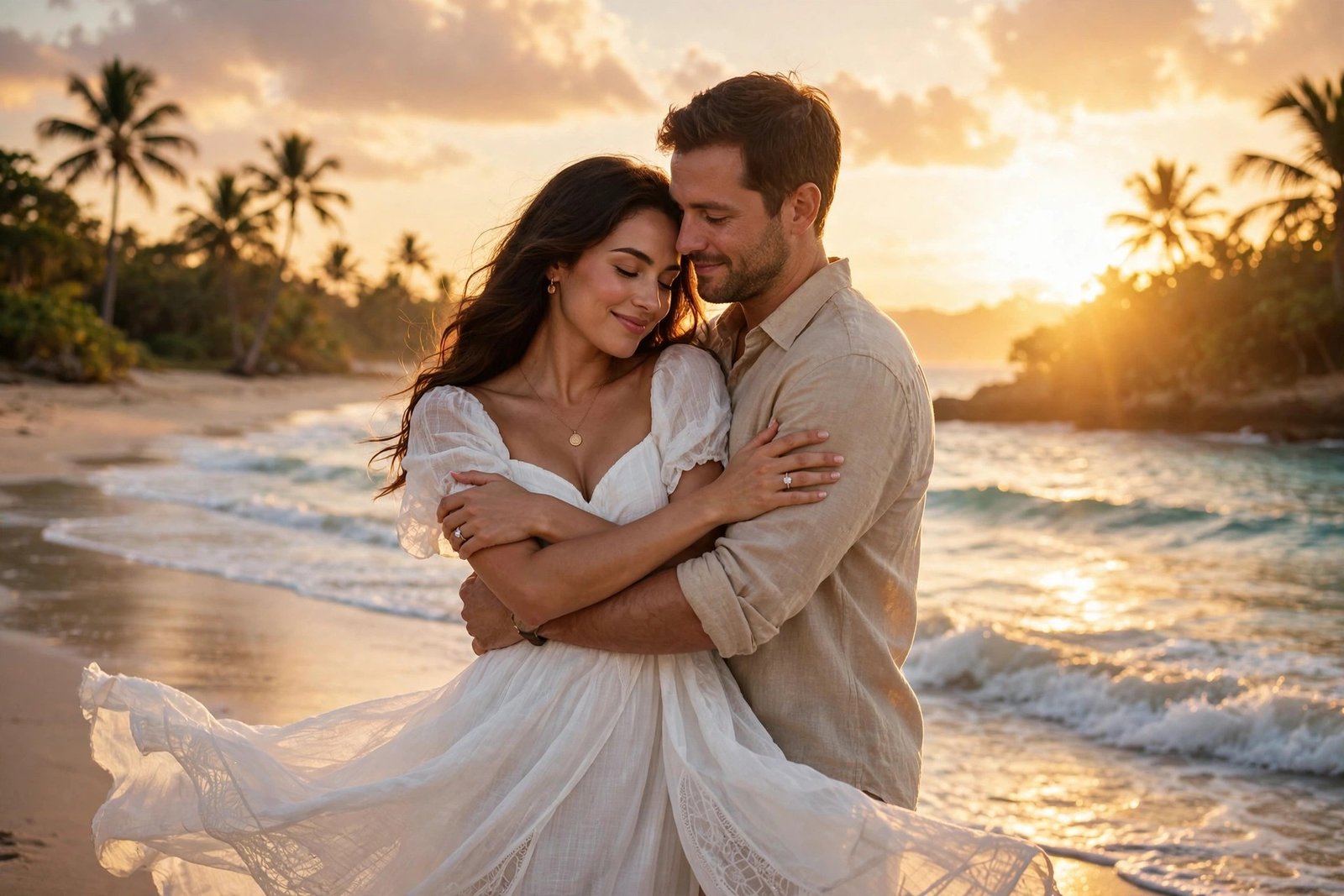 Couple embracing during romantic beach sunset engagement photoshoot