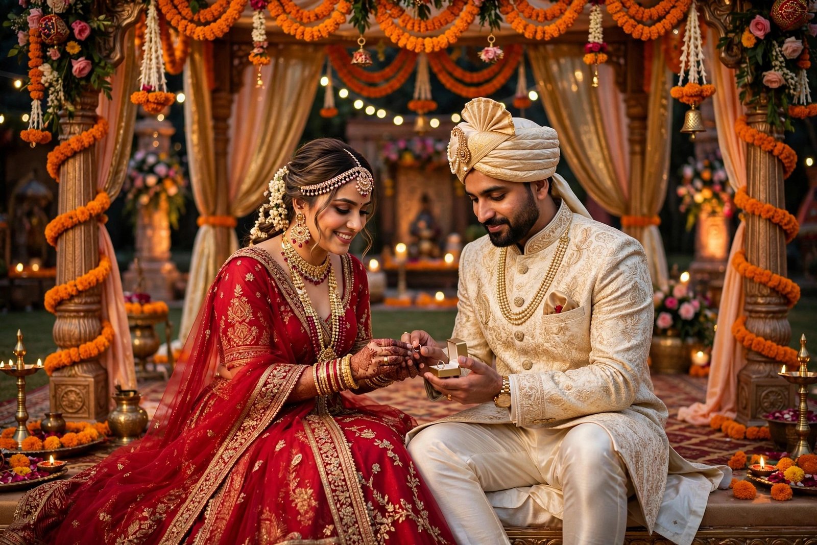 An engaged couple in traditional Indian attire exchanges rings in a mandap.