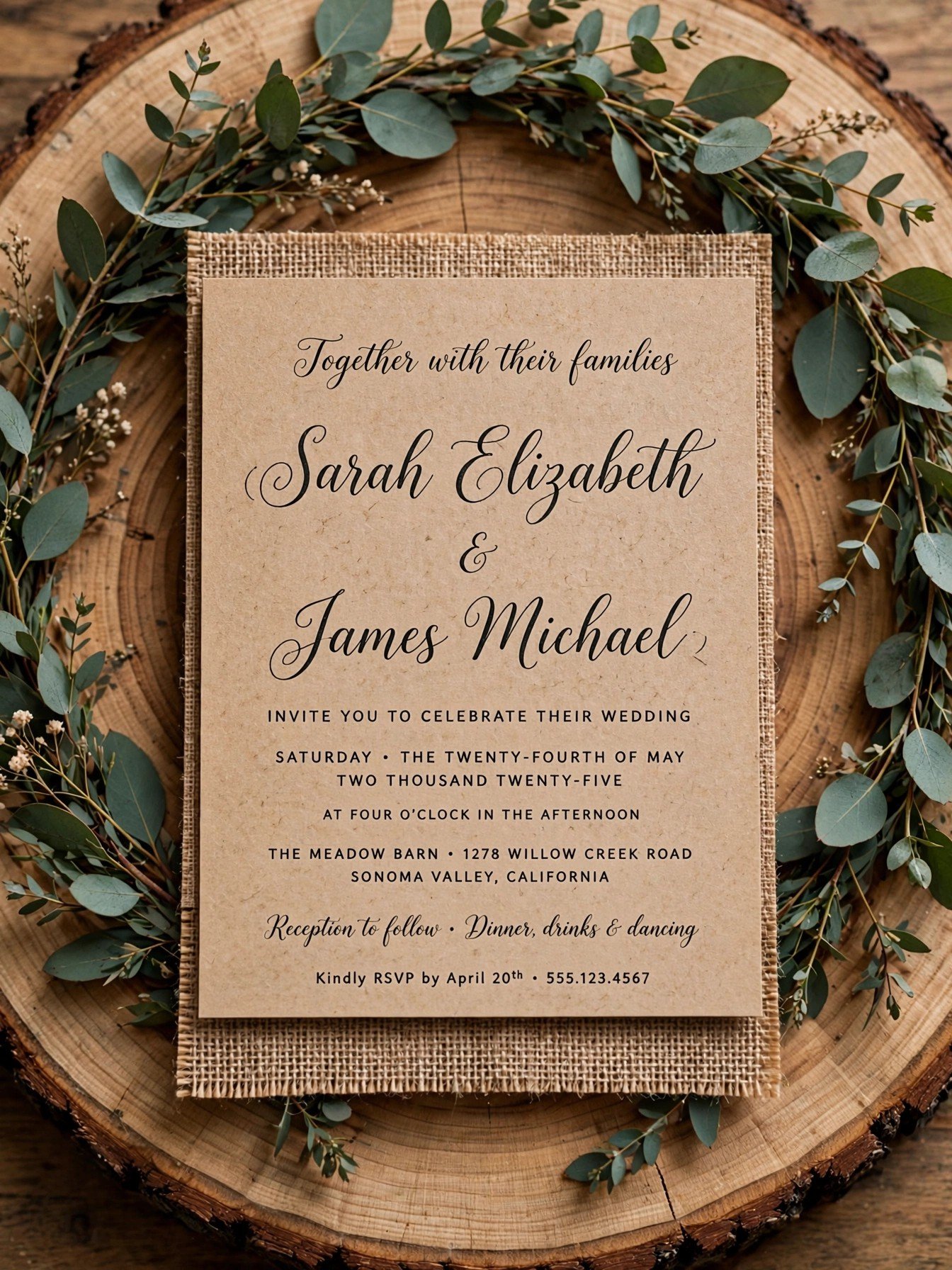 Rustic kraft traditional wedding invitations with burlap eucalyptus wreath and wooden background