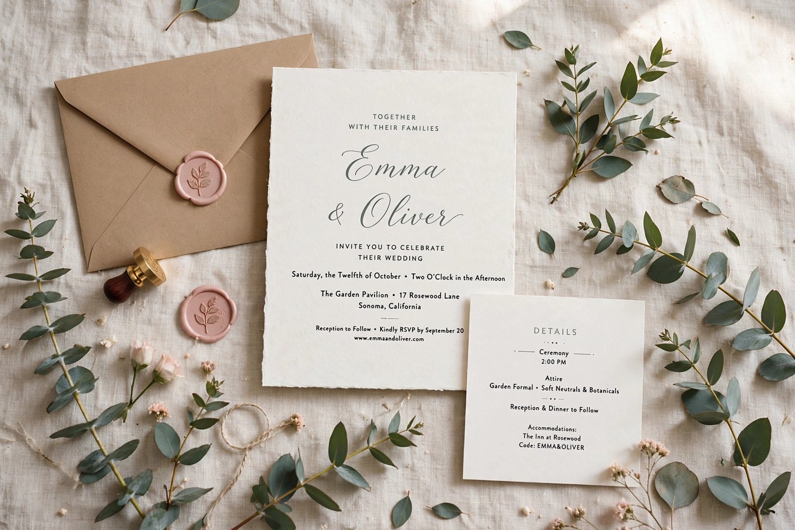 Rustic linen texture modern wedding invitations with embossed letterpress typography style