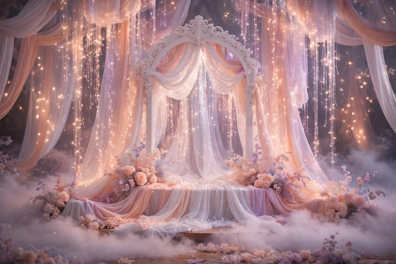 Dreamy ethereal wedding stage draped in sheer fabrics and sparkling peach fairy lights.