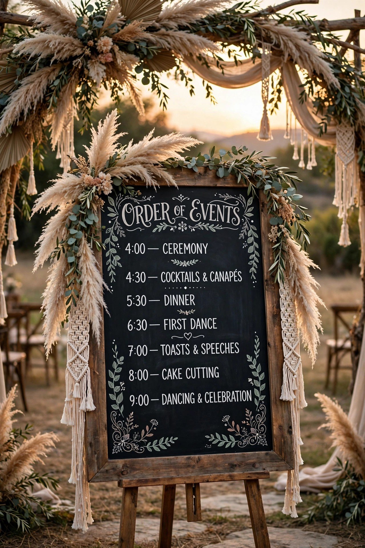 Boho rustic chalkboard wedding reception order of events sign with pampas grass and eucalyptus arch.