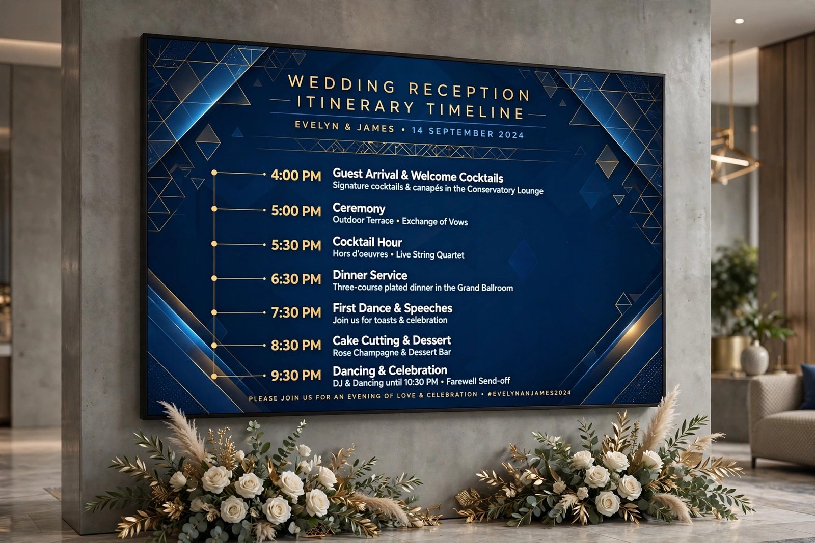 Modern digital screen in hotel lobby showing blue and gold wedding reception itinerary timeline