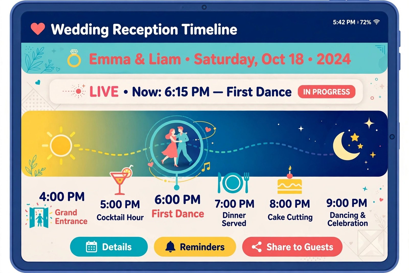 Vibrant animated digital wedding timeline displayed on modern tablet screen