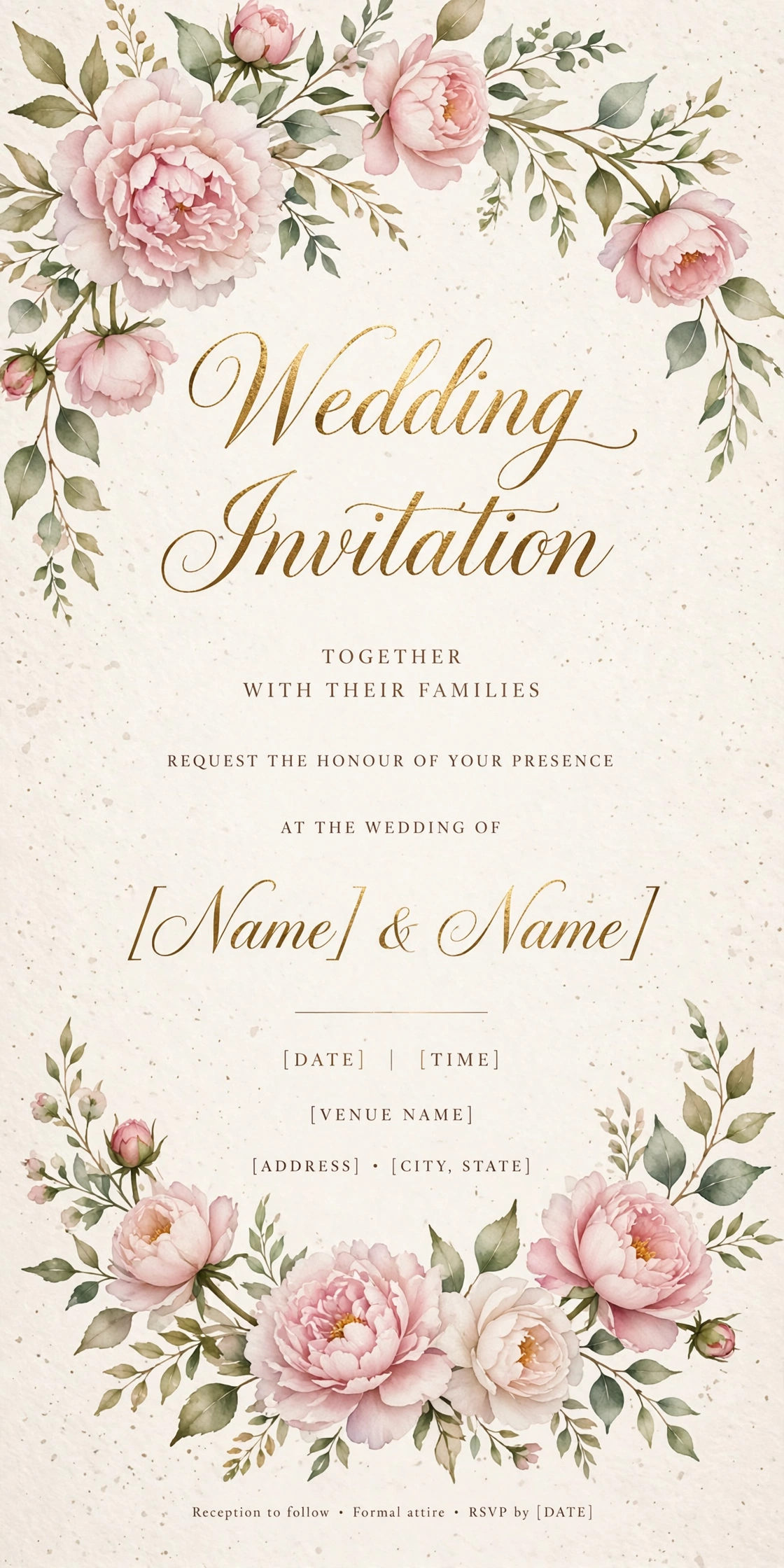 Elegant floral pink peony wedding invitation templates with gold foil