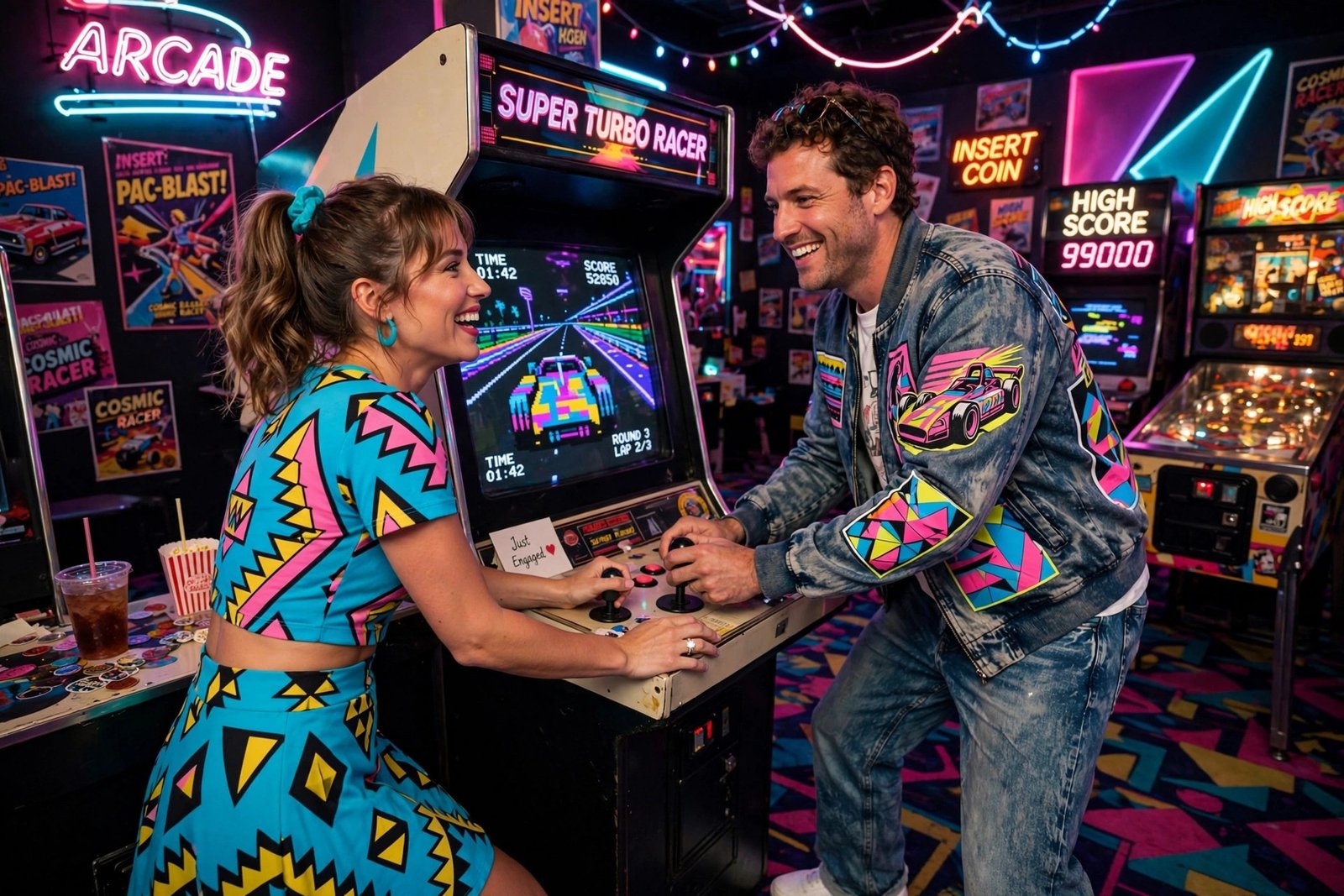 A couple in vibrant 80s retro outfits plays a vintage racing game in a neon-lit arcade