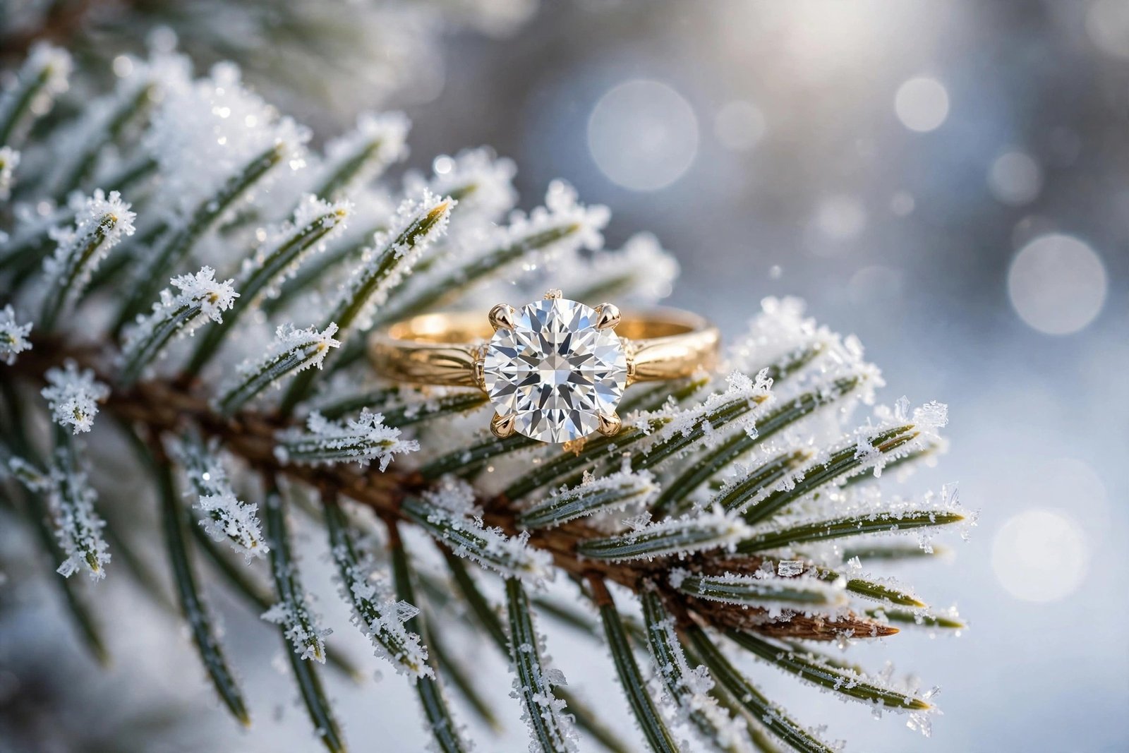Close-up shot of engagement ring resting on snow-dusted evergreen pine branch.
