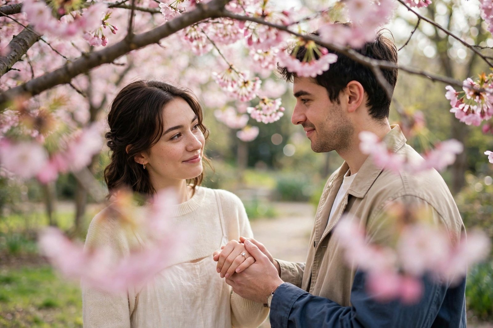 Shy couple holding hands and peeking through cherry blossoms during candid engagement photoshoot