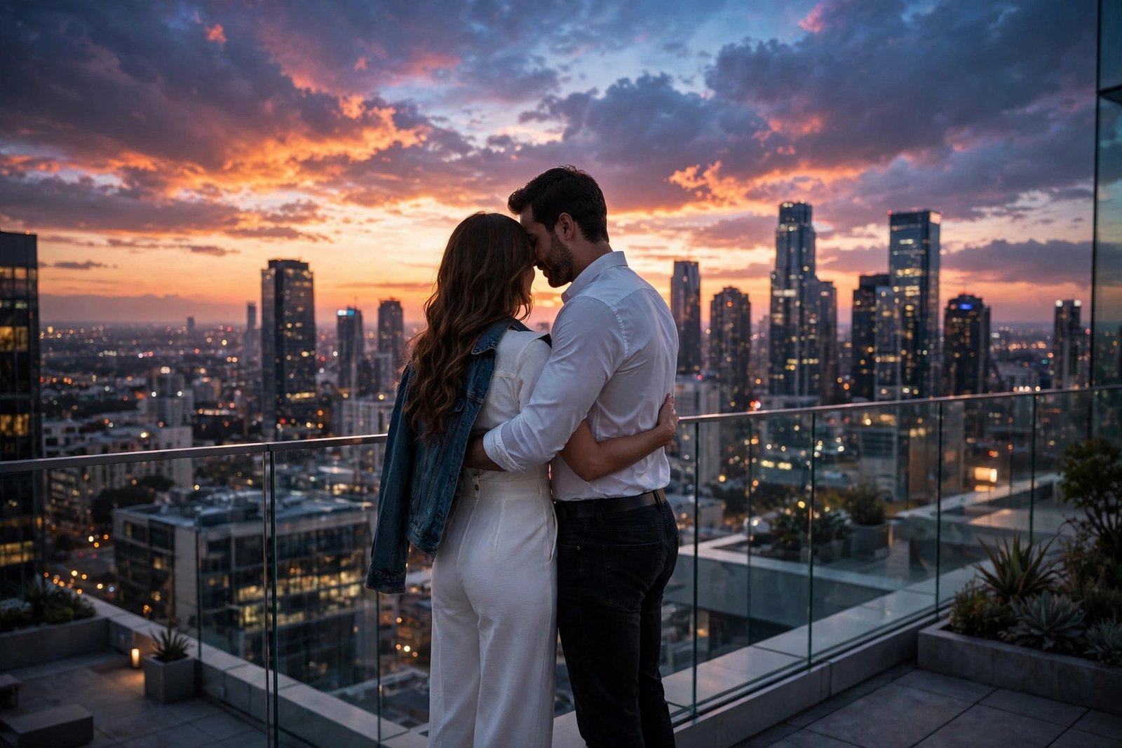Couple embraces on city rooftop at sunset in denim and white.