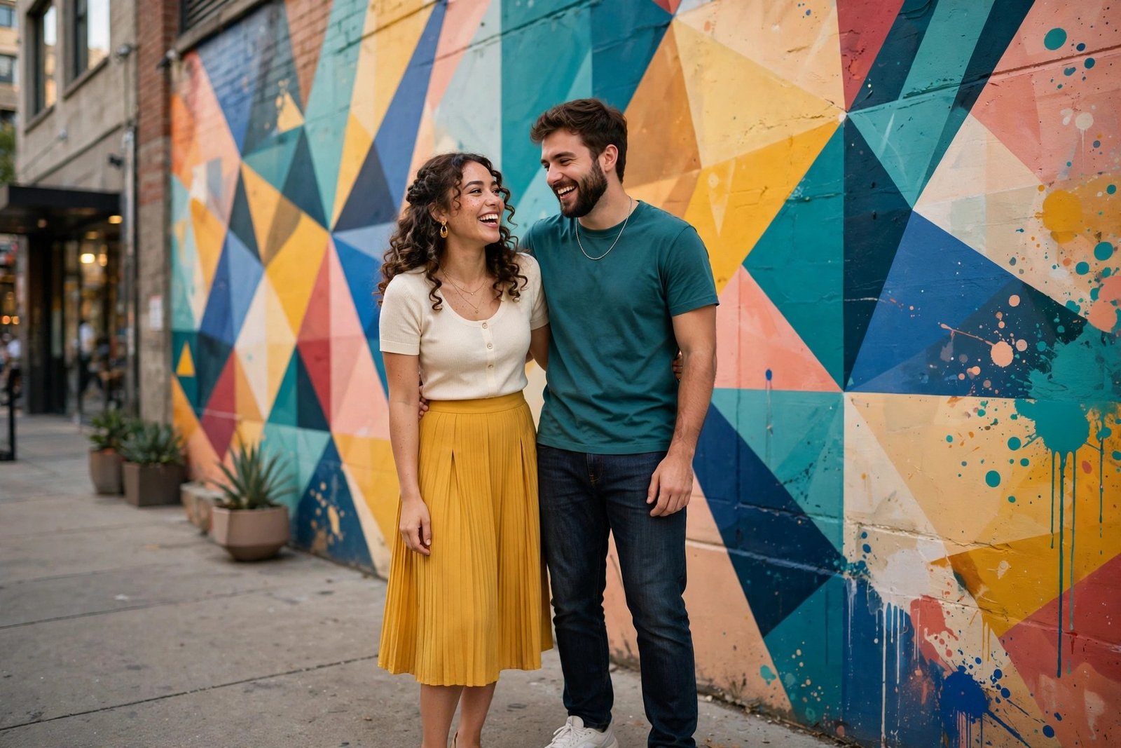 Happy couple wearing coordinated teal and mustard outfits posing playfully in front of colorful mural