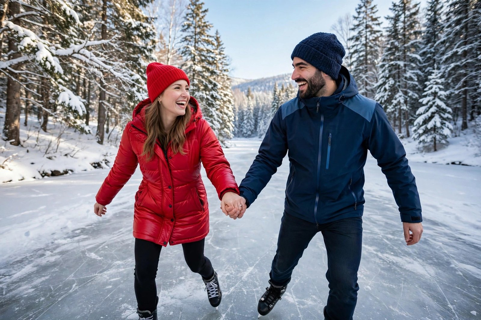 Joyful couple ice skating outdoors wearing red parka and navy ski jacket