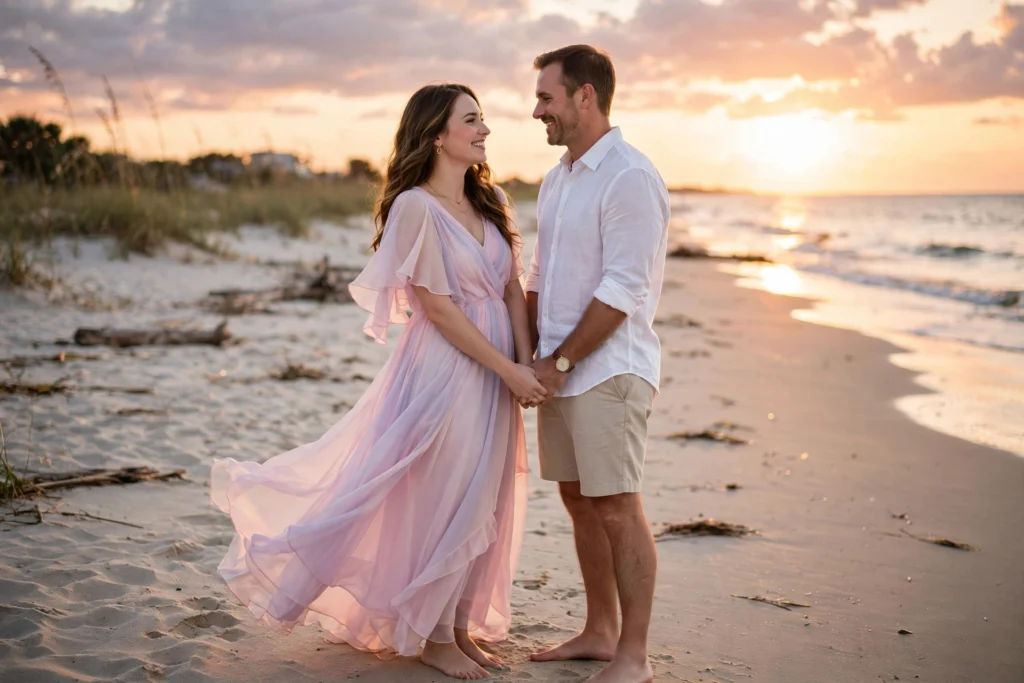 Couple wearing elegant white engagement photo outfits on beach at sunset